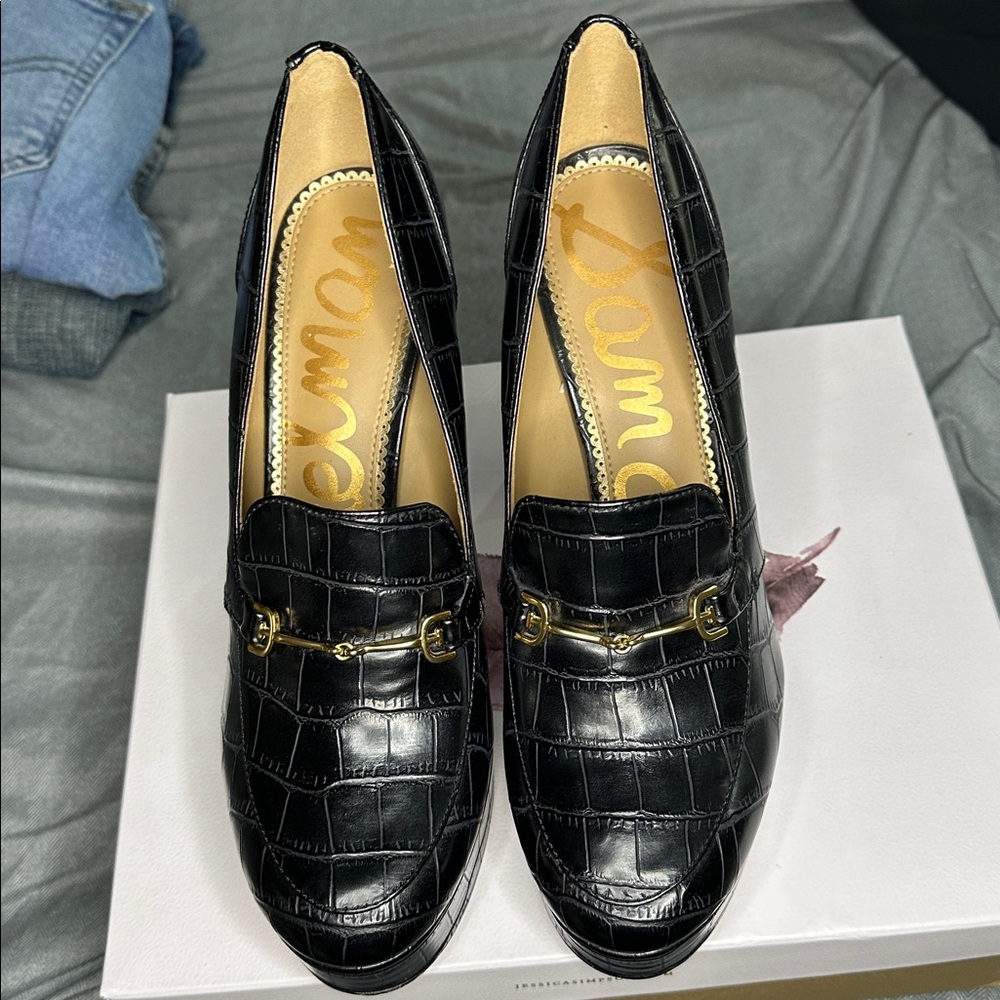 Sam Edelman Black Croc-Embossed Loafers with Gold Detail